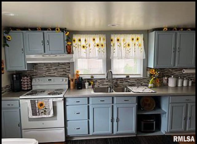 kitchen with a sink, gray cabinetry, under cabinet range hood, and white electric stove