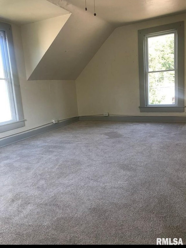 additional living space featuring baseboards, lofted ceiling, and carpet