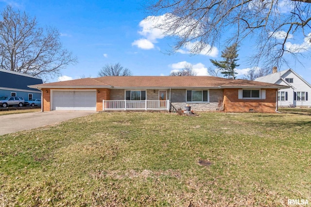 ranch-style home featuring a front lawn, concrete driveway, an attached garage, crawl space, and brick siding