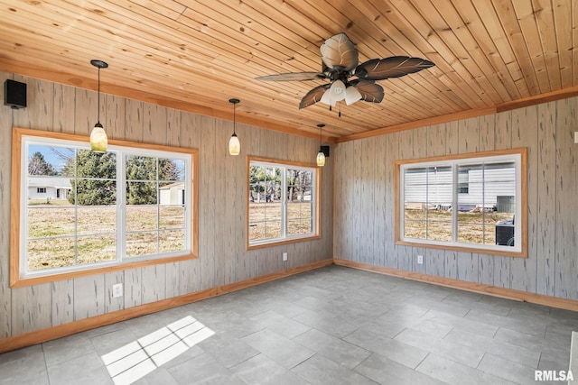 spare room featuring wood ceiling, baseboards, and ceiling fan