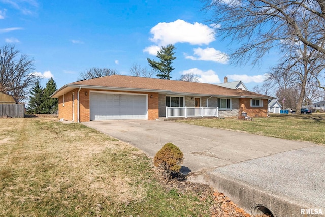 ranch-style home with driveway, a front lawn, a porch, an attached garage, and brick siding