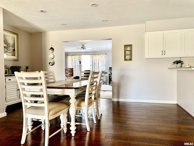 dining room with dark wood-style floors, recessed lighting, ceiling fan, and baseboards