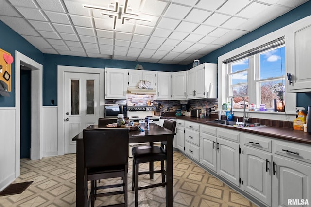 kitchen with a sink, dark countertops, under cabinet range hood, and electric stove