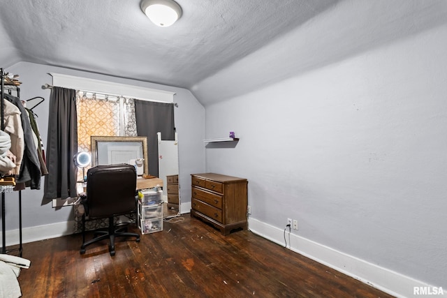 office featuring baseboards, lofted ceiling, a textured ceiling, and hardwood / wood-style floors