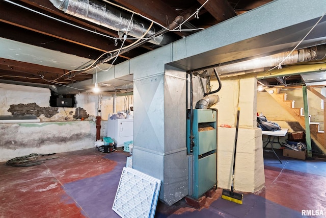 unfinished basement featuring heating unit, stairway, washer / clothes dryer, and electric panel