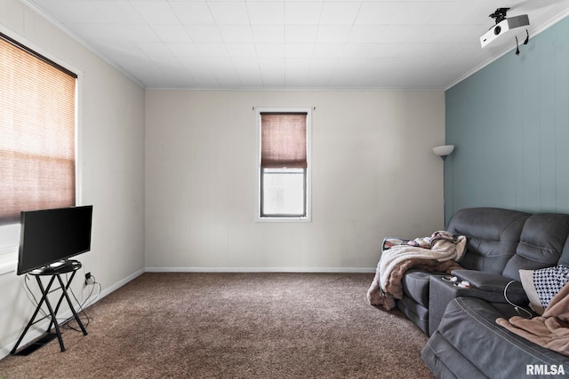 living area with carpet, baseboards, and ornamental molding