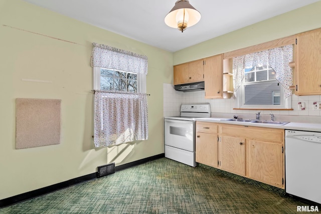 kitchen featuring a sink, decorative backsplash, white appliances, and under cabinet range hood