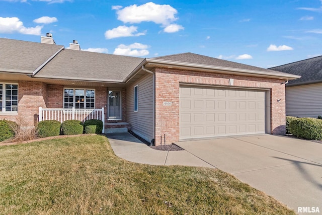 single story home featuring a front lawn, covered porch, concrete driveway, an attached garage, and brick siding