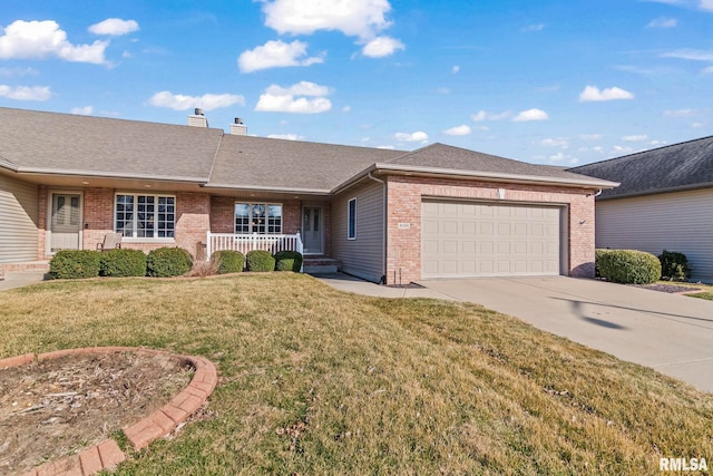 ranch-style home featuring a porch, a garage, brick siding, and a front lawn