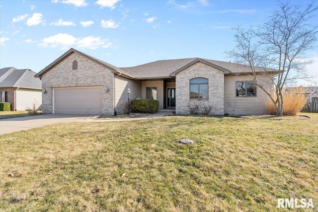 single story home featuring brick siding, an attached garage, and a front lawn