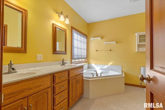 full bath featuring a bath, double vanity, baseboards, and a sink