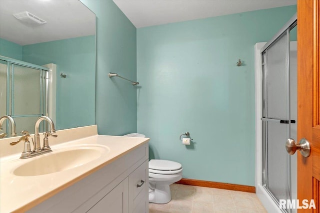 full bathroom featuring vanity, toilet, visible vents, and a stall shower