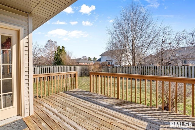 wooden deck with a fenced backyard