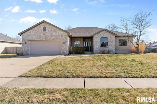 ranch-style house with brick siding, an attached garage, driveway, and a front lawn