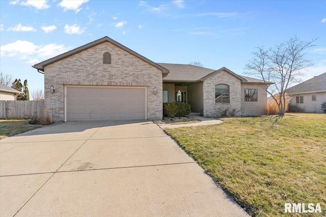 ranch-style home with a front yard, fence, an attached garage, concrete driveway, and brick siding