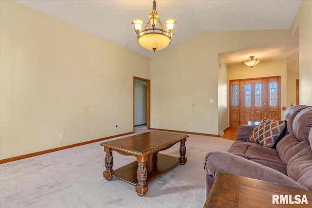 living room featuring a chandelier, carpet flooring, baseboards, and vaulted ceiling