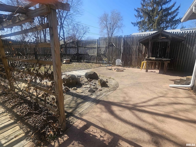 view of patio / terrace featuring an outdoor fire pit and a fenced backyard