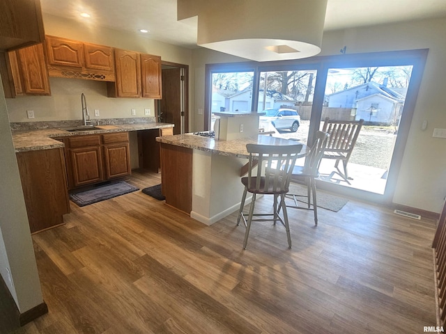 kitchen featuring visible vents, dark wood-type flooring, baseboards, and a sink