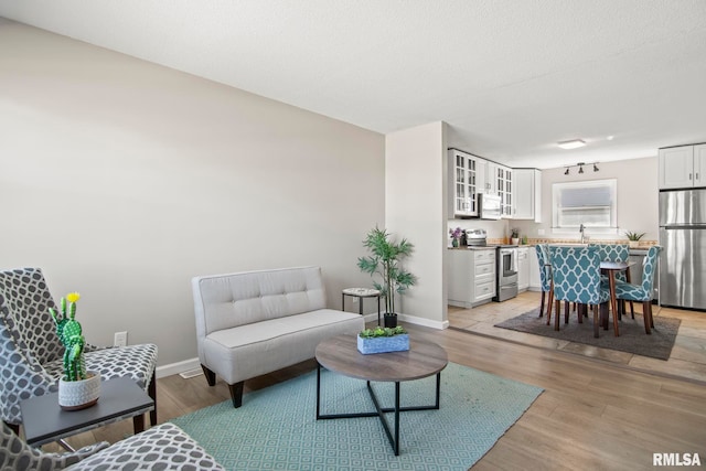 living room featuring baseboards, a textured ceiling, light wood-style flooring, and track lighting