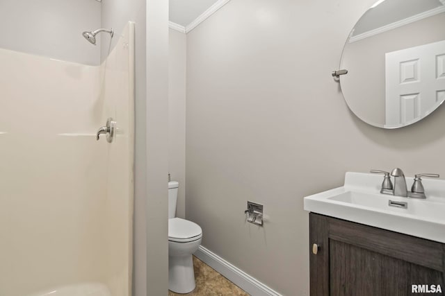 bathroom featuring toilet, a shower stall, crown molding, baseboards, and vanity