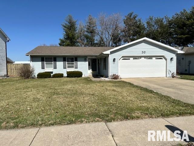 ranch-style house with driveway, a front yard, and an attached garage