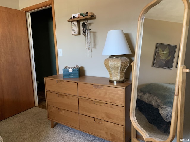 bedroom with light carpet