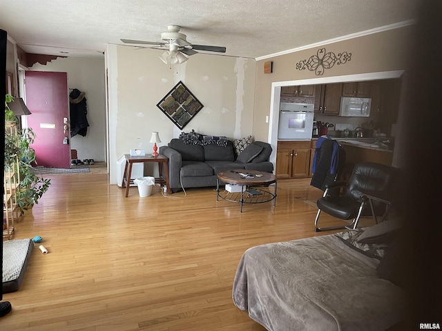 living area with ornamental molding, a ceiling fan, light wood finished floors, and a textured ceiling