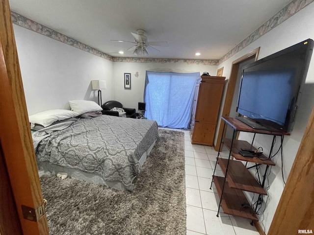 bedroom with light tile patterned flooring, a ceiling fan, and recessed lighting