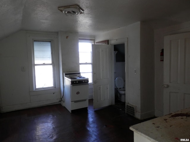 interior space with vaulted ceiling, visible vents, and a textured ceiling