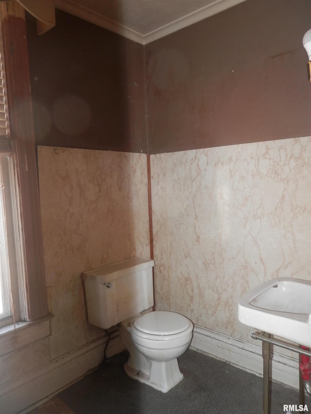 bathroom with toilet and ornamental molding