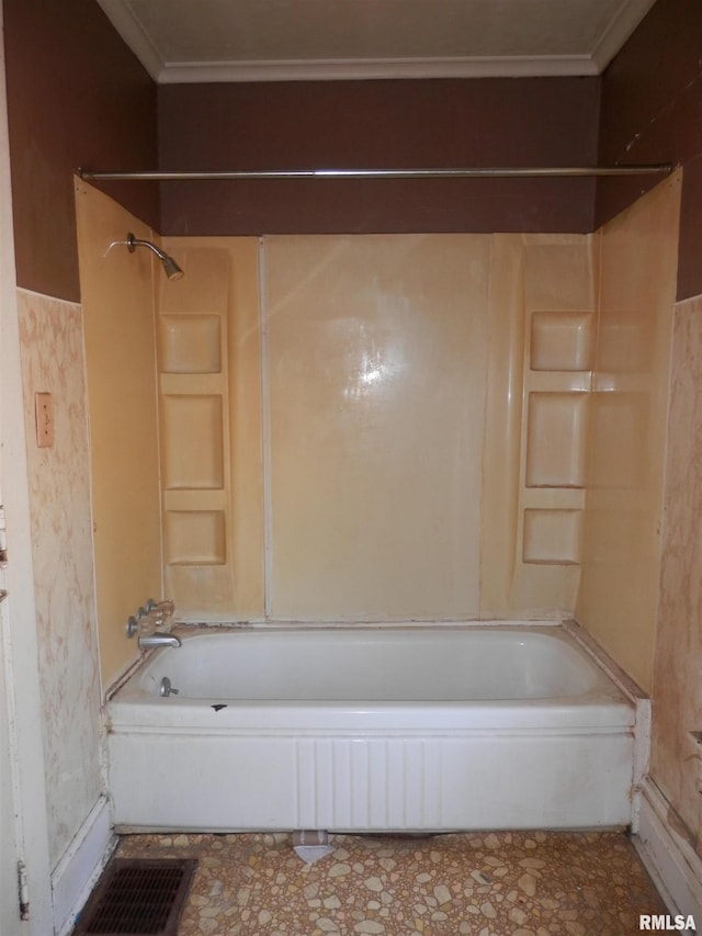 bathroom with crown molding, visible vents, and shower / washtub combination