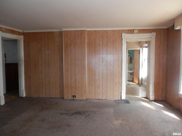 spare room with wooden walls and crown molding