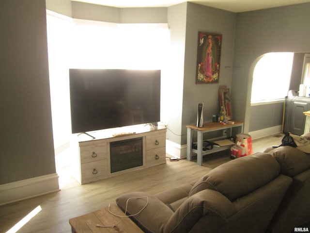 living room featuring baseboards and light wood-style floors