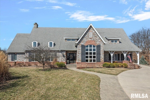 view of front facade with stone siding, a front yard, roof with shingles, and a chimney