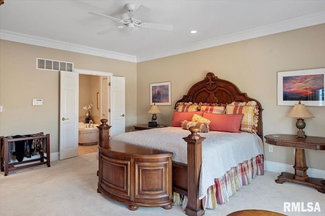 bedroom with visible vents, light colored carpet, crown molding, and baseboards