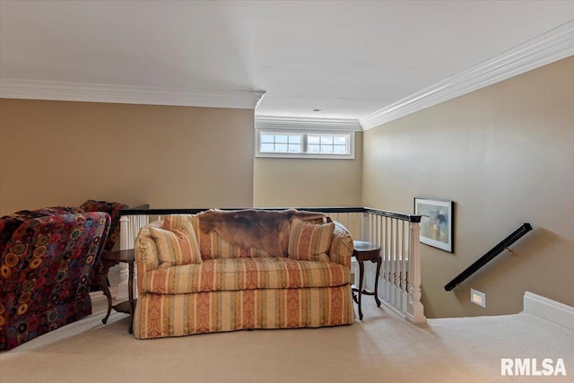 carpeted living area featuring ornamental molding
