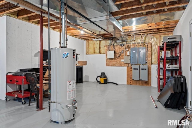 unfinished basement featuring gas water heater and electric panel