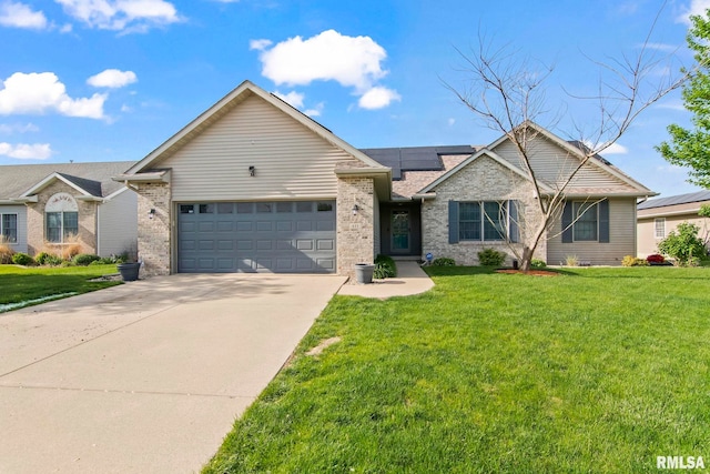 421 Turtle Dove Dr, Sherman, IL 62684 - single story home with a front lawn, solar panels, an attached garage, and concrete driveway