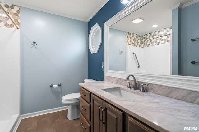 421 Turtle Dove Dr, Sherman, IL 62684 - full bath with walk in shower, ornamental molding, toilet, vanity, and baseboards