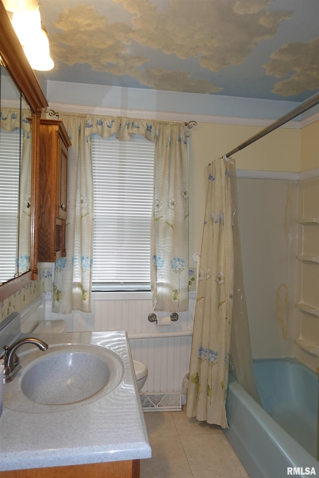 132 W Coal St, Wataga, IL 61488 - bathroom with vanity, radiator heating unit, tile patterned flooring, shower / bath combination with curtain, and toilet