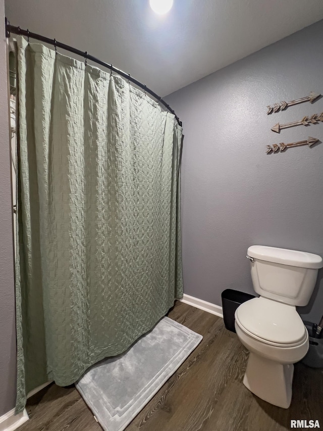 253 Day St, Galesburg, IL 61401 - bathroom featuring toilet, a shower with shower curtain, baseboards, and wood finished floors