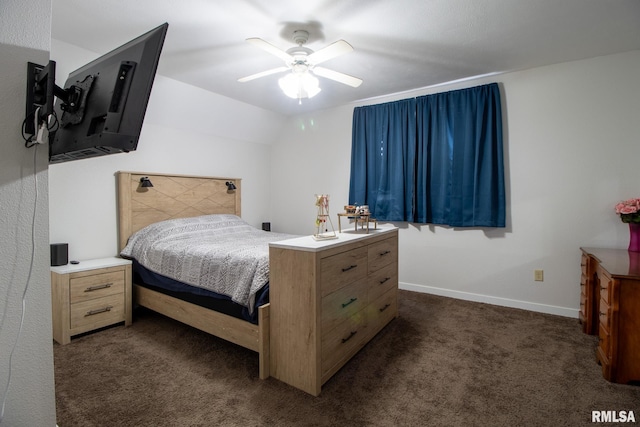 253 Day St, Galesburg, IL 61401 - bedroom with dark carpet, lofted ceiling, baseboards, and ceiling fan