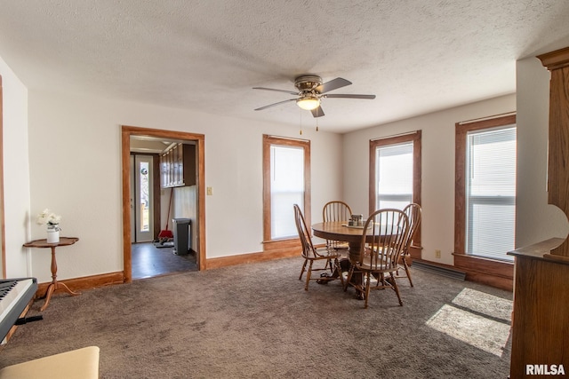 253 Day St, Galesburg, IL 61401 - carpeted dining room with a textured ceiling, baseboards, and a ceiling fan