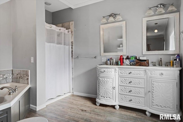 full bathroom featuring a sink, a shower with curtain, wood finished floors, a bath, and double vanity