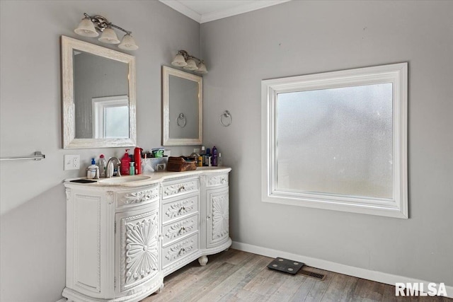 bathroom featuring baseboards, ornamental molding, wood finished floors, and vanity