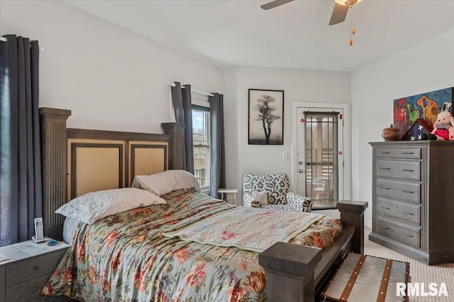 carpeted bedroom featuring access to outside and ceiling fan