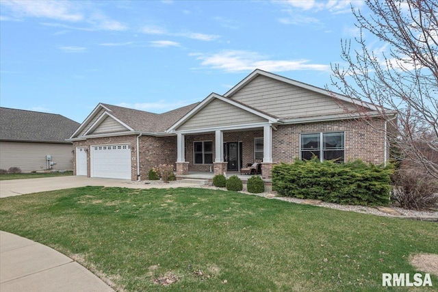 view of front of house featuring an attached garage, a porch, concrete driveway, and brick siding