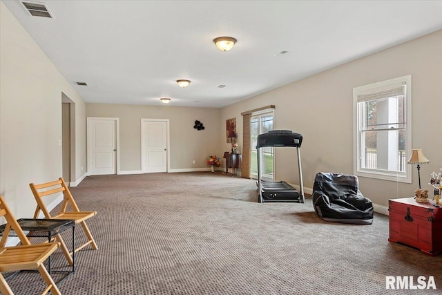 exercise area with carpet flooring, baseboards, and visible vents