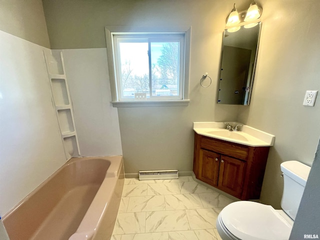 full bath with toilet, marble finish floor, a tub, and vanity