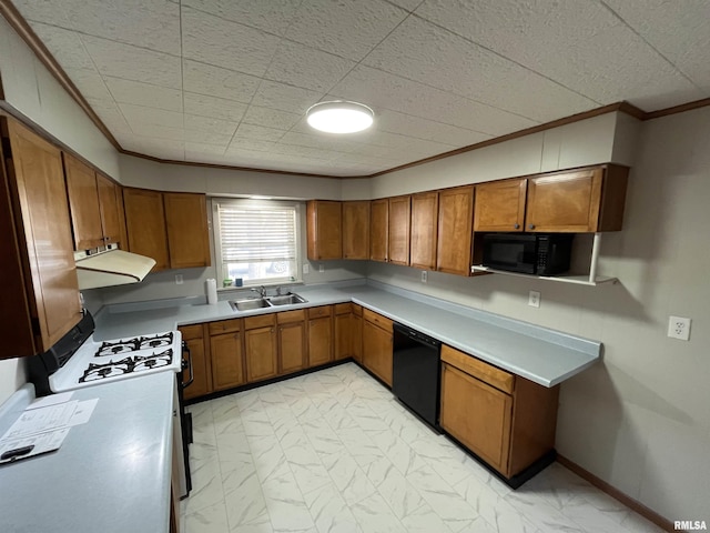 kitchen featuring brown cabinets, range hood, a sink, and black appliances